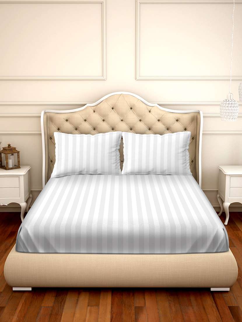 Cosmo Stripes Double Bedsheet Set Super King Size 210 Tc White Colour