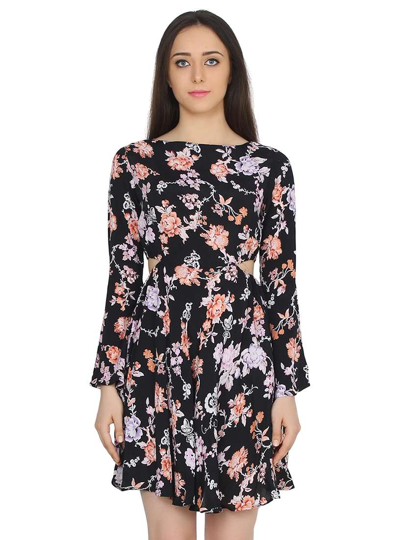 Boat Neck Floral A Line Dress