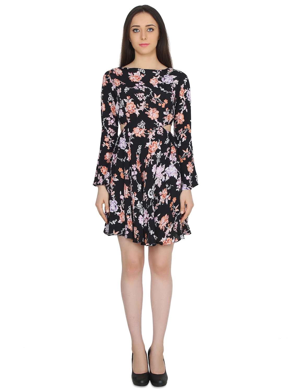 Boat Neck Floral A Line Dress