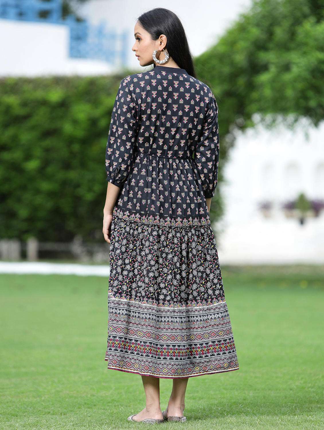 Printed Tiered Ethnic Dress With Mask