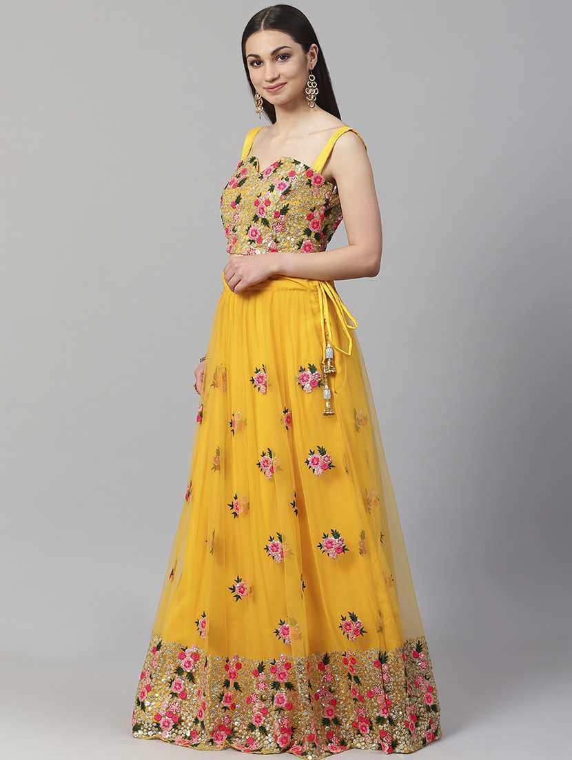 Mustard Net Flared Lehenga