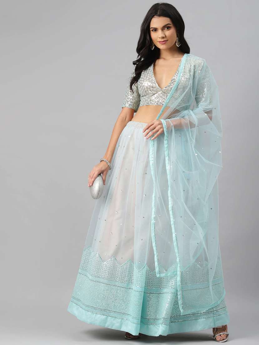 Light Blue Net Flared Lehenga