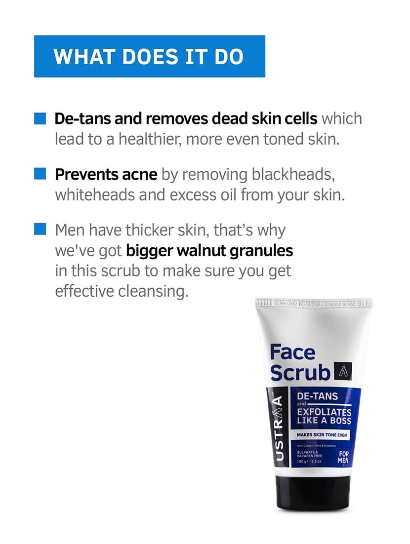 Ustraa Blue Deodorant   150 Ml, Face Wash Oily Skin   200 G & De Tan Face Scrub   100g
