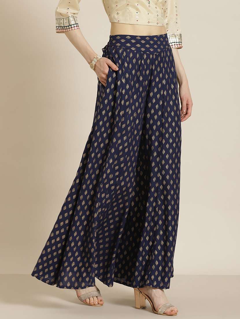 Women Mid Rise Foil Printed Flared Palazzo