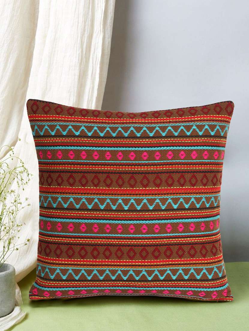Mezposh Stave Navy & Multi Acrylic Jacquard Textured Cushion Cover (16"X16")