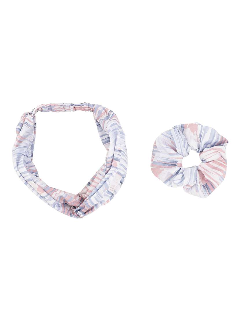Pink Color Printed Viscose Headband And Scrunchy Combo Pack