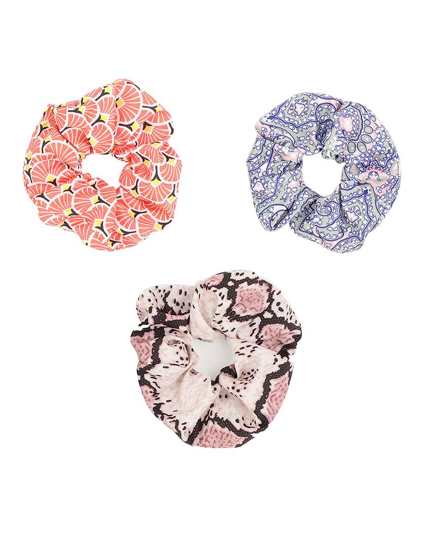 Set Of 3 Multi Color Printed Viscose Scrunchies