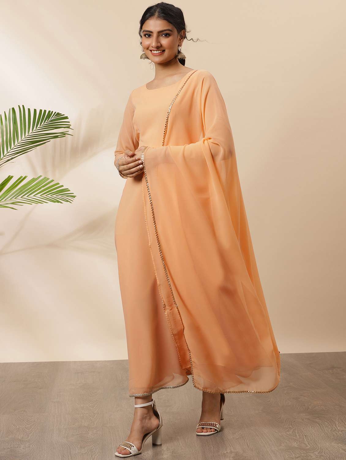 Peach Solid A Line Kurta Dupatta Set