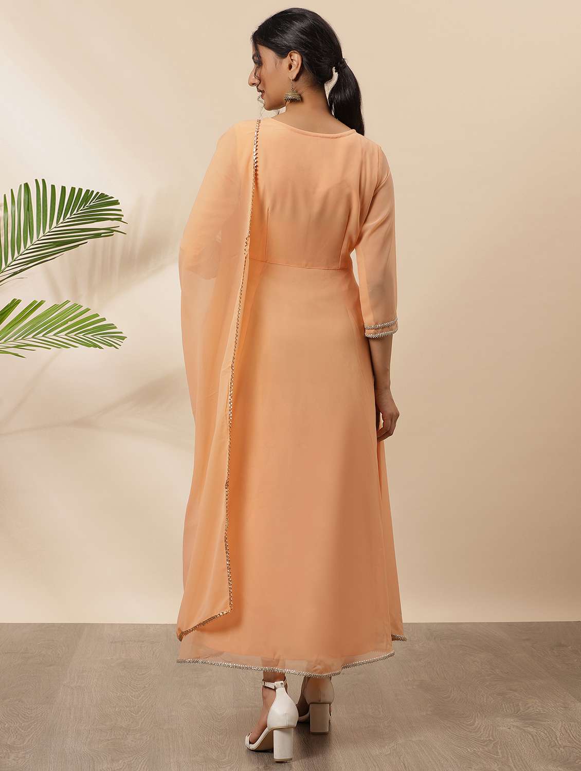 Peach Solid A Line Kurta Dupatta Set