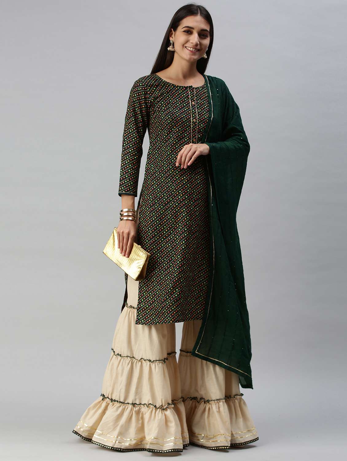 Green Cotton Blend Kurta Sharara  Set
