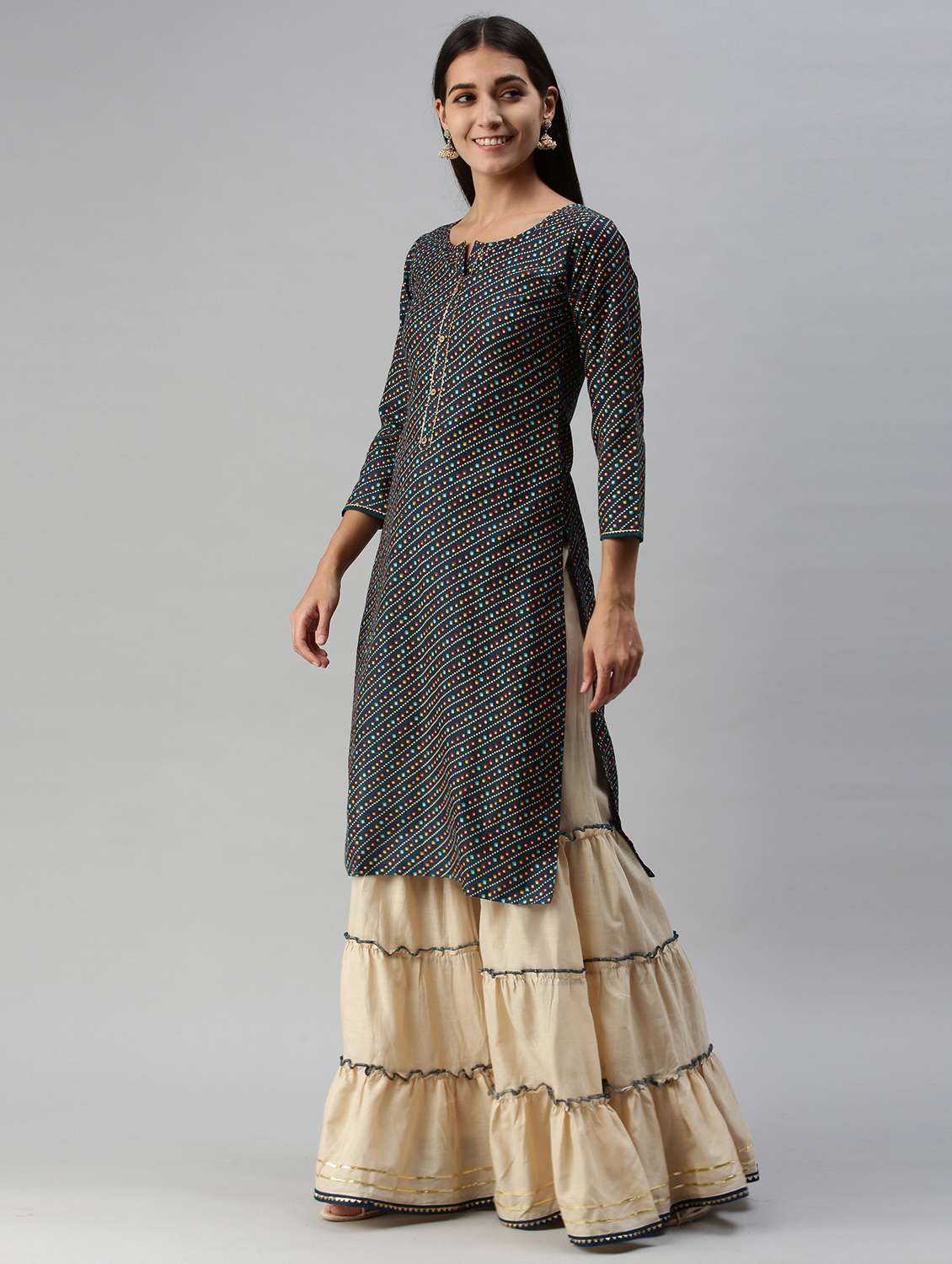 Teal Cotton Blend Kurta Sharara  Set