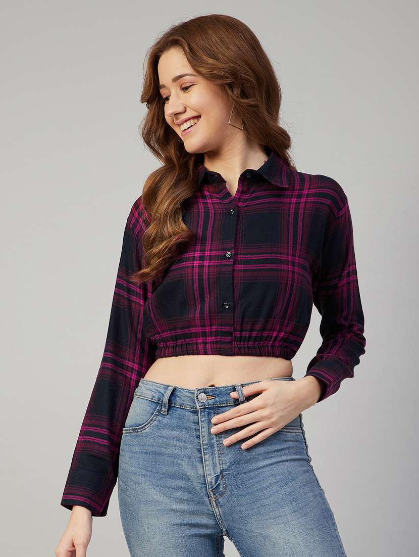 Long Sleeved Checked Crop Shirt