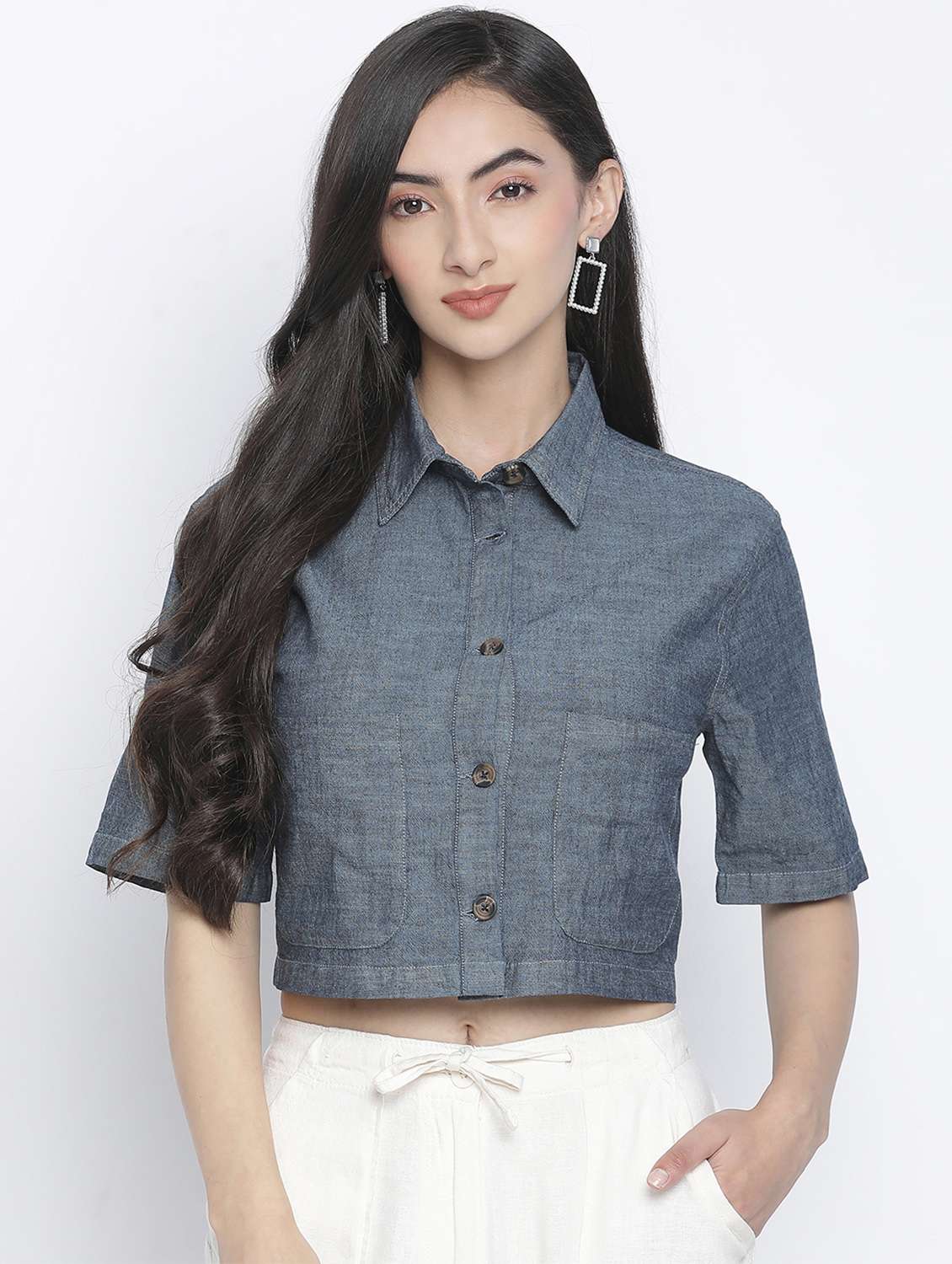 Women Solid Color Crop Shirt