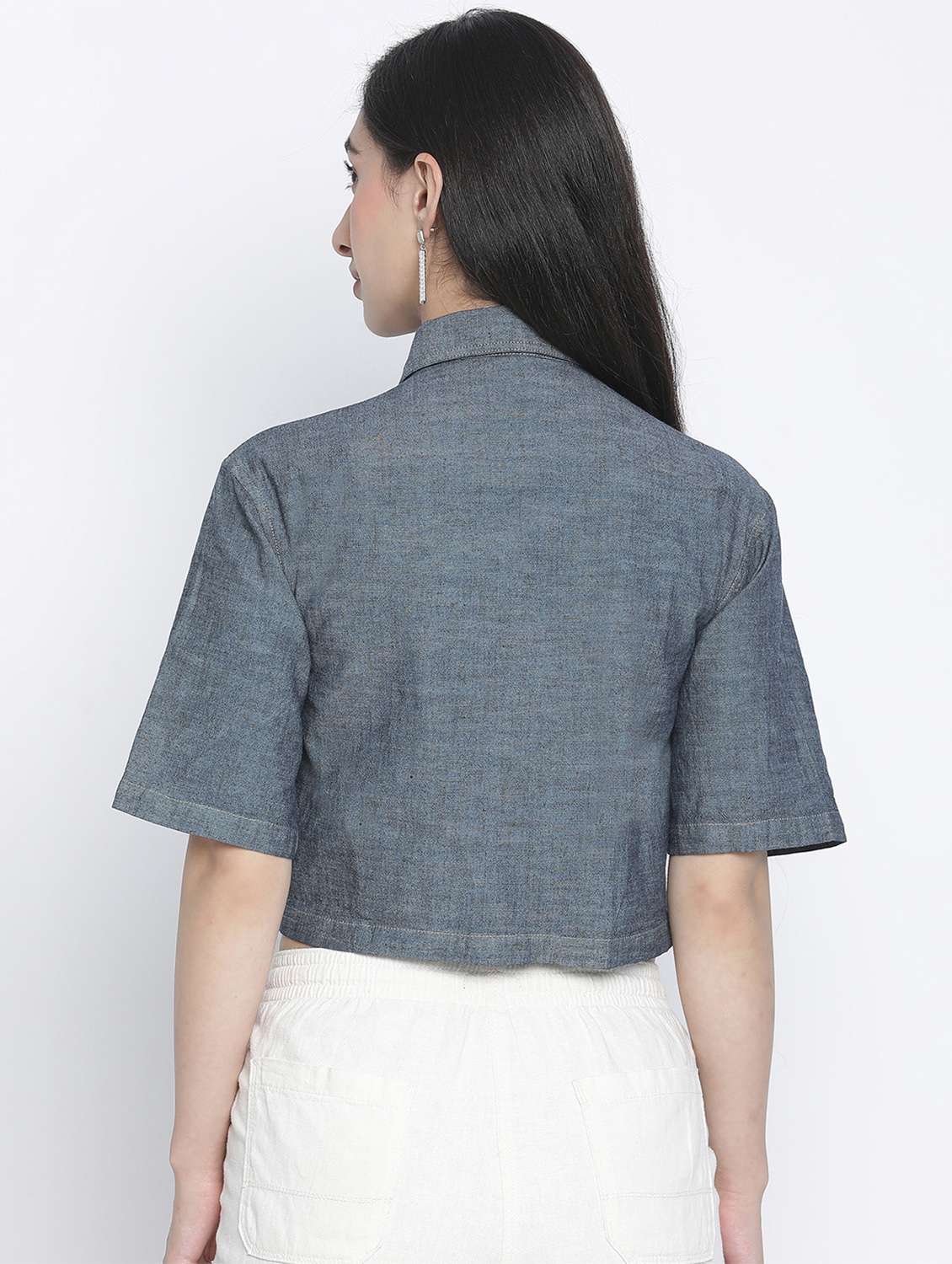 Women Solid Color Crop Shirt