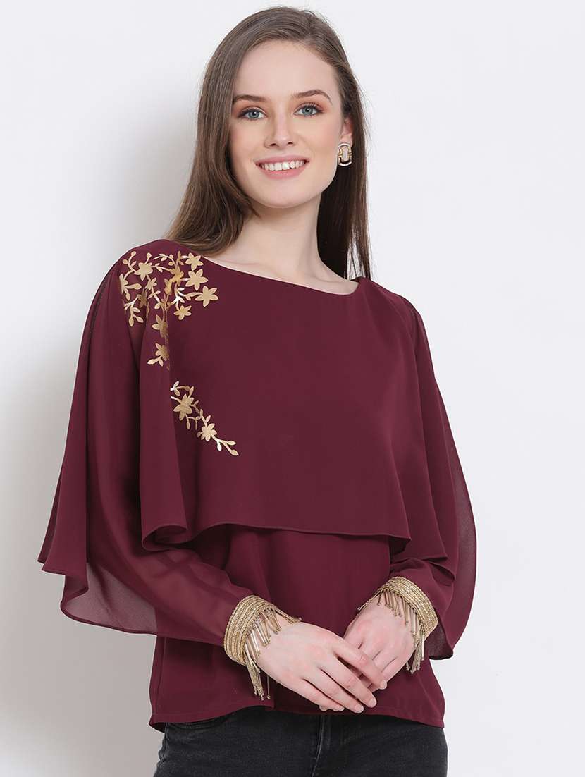 Women Maroon Foil Print Boat Neck Layered Top