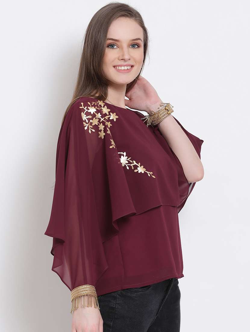 Women Maroon Foil Print Boat Neck Layered Top