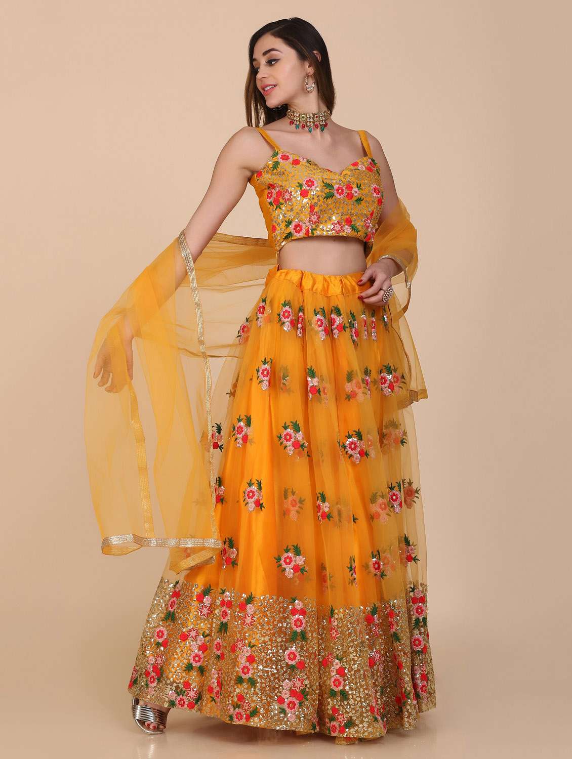 Mustard Net Flared Lehenga