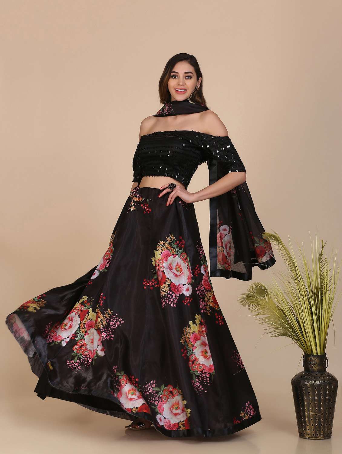Black Net Flared Lehenga
