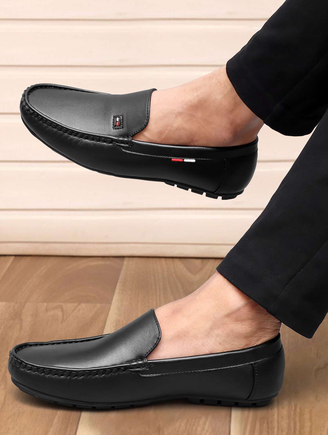 Black Synthetic Slip On Loafers