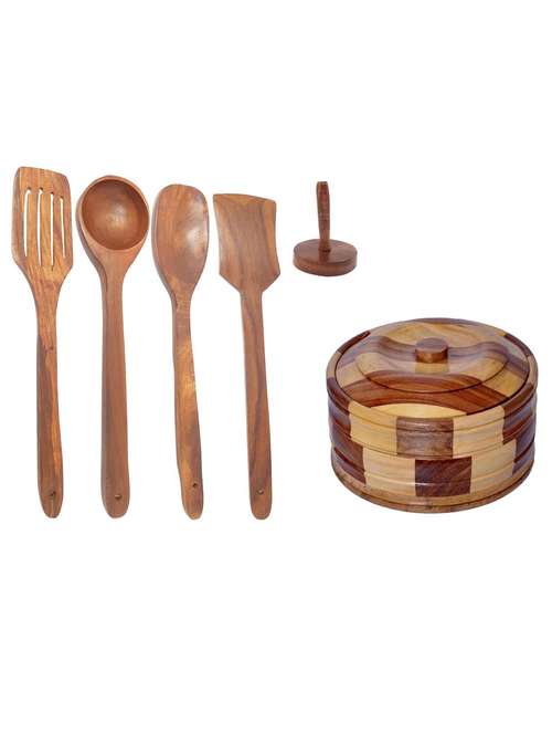 Buzykart� Beautiful Wooden Antique Handcrafted Chapati Box, With 4 Cooking Spoon, 1 Masher, Pack Of 6