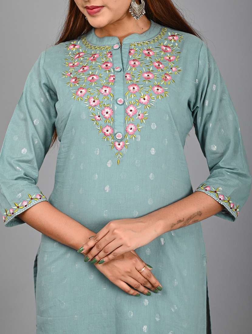 Grey Cotton Blend Kurta Legging  Set