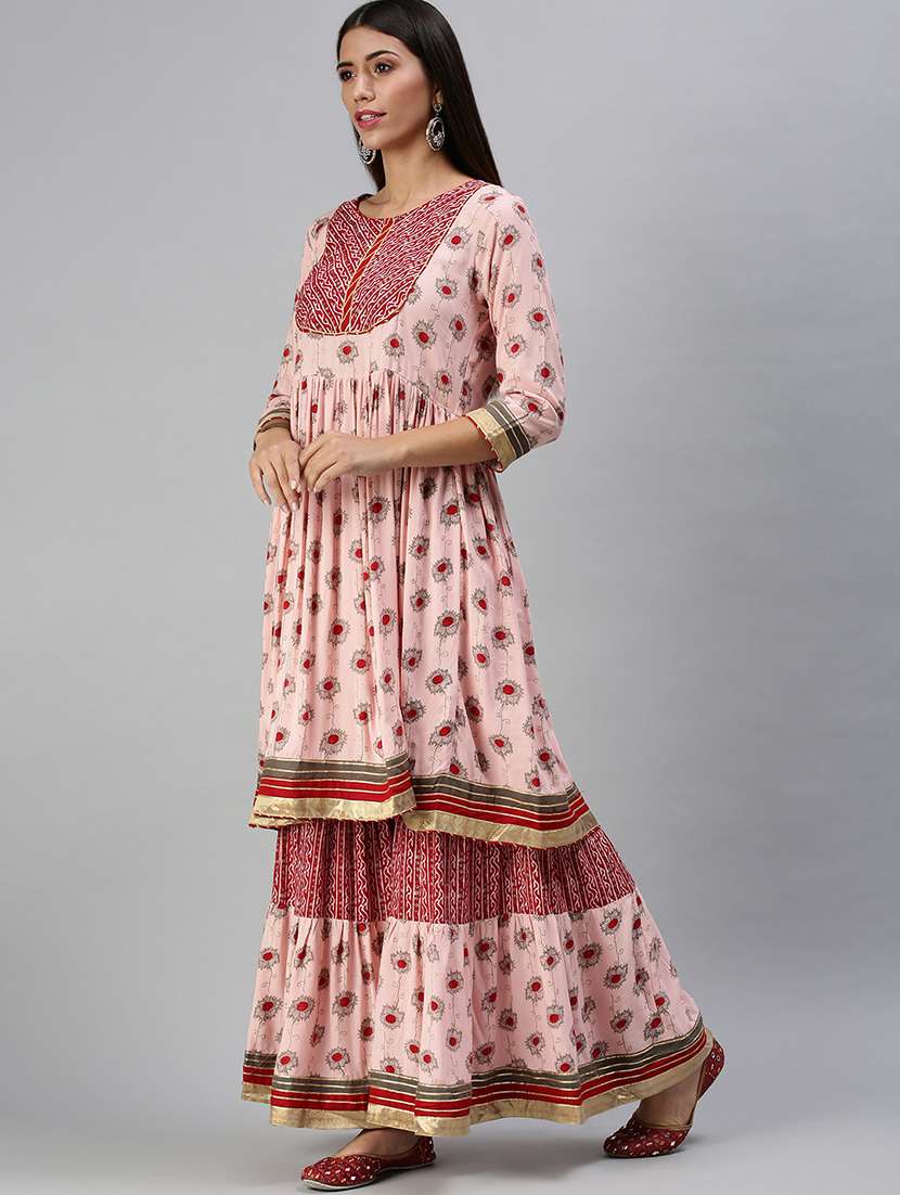 Women Floral Round Neck Kurta Sharara Set With Dupatta