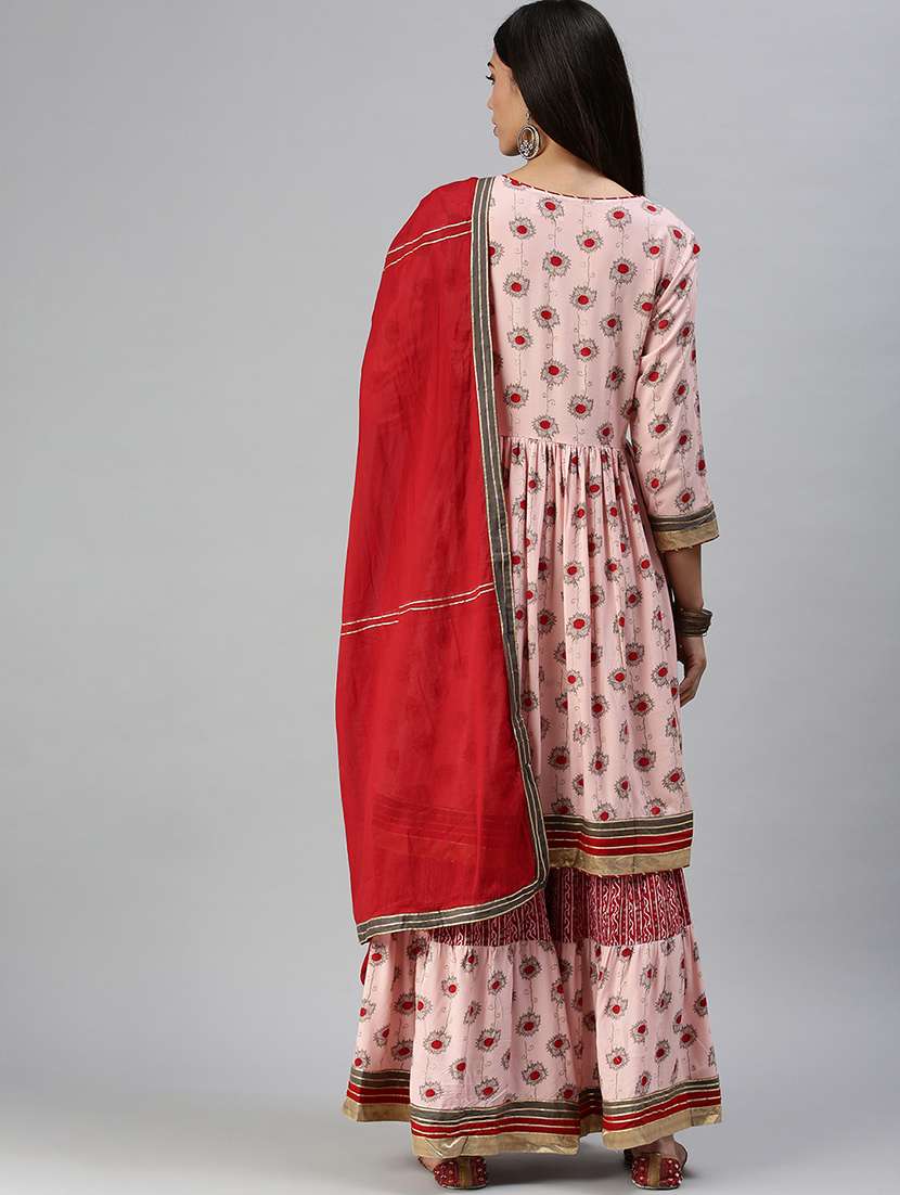 Women Floral Round Neck Kurta Sharara Set With Dupatta