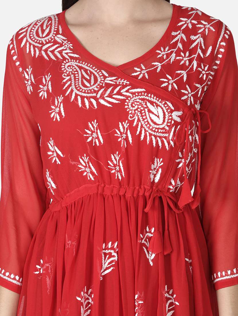 Women Overlap Neck Red Chikankari Kurti