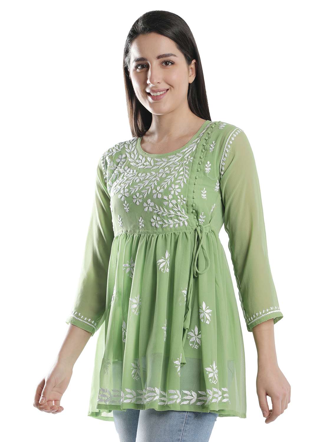 Green Chikankari Flared Kurti
