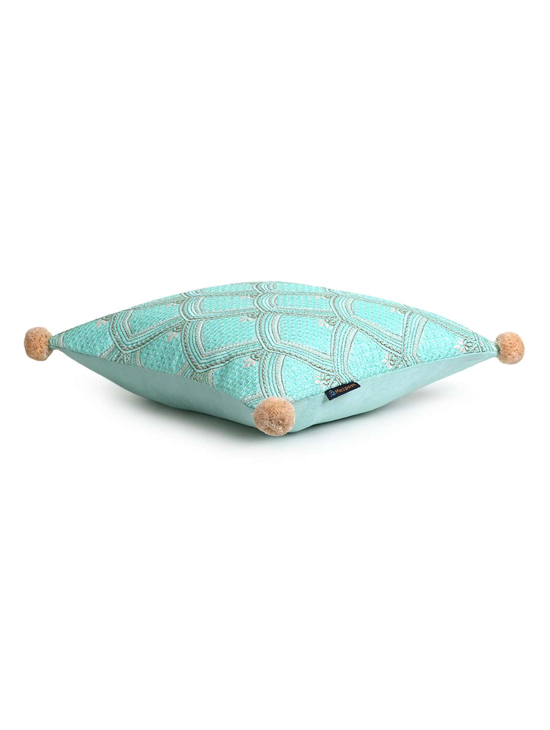 Mezposh Tribal Sea Green & Coral Ethnic Motifs Embroidered Faux Silk Cushion Cover (16"X16")