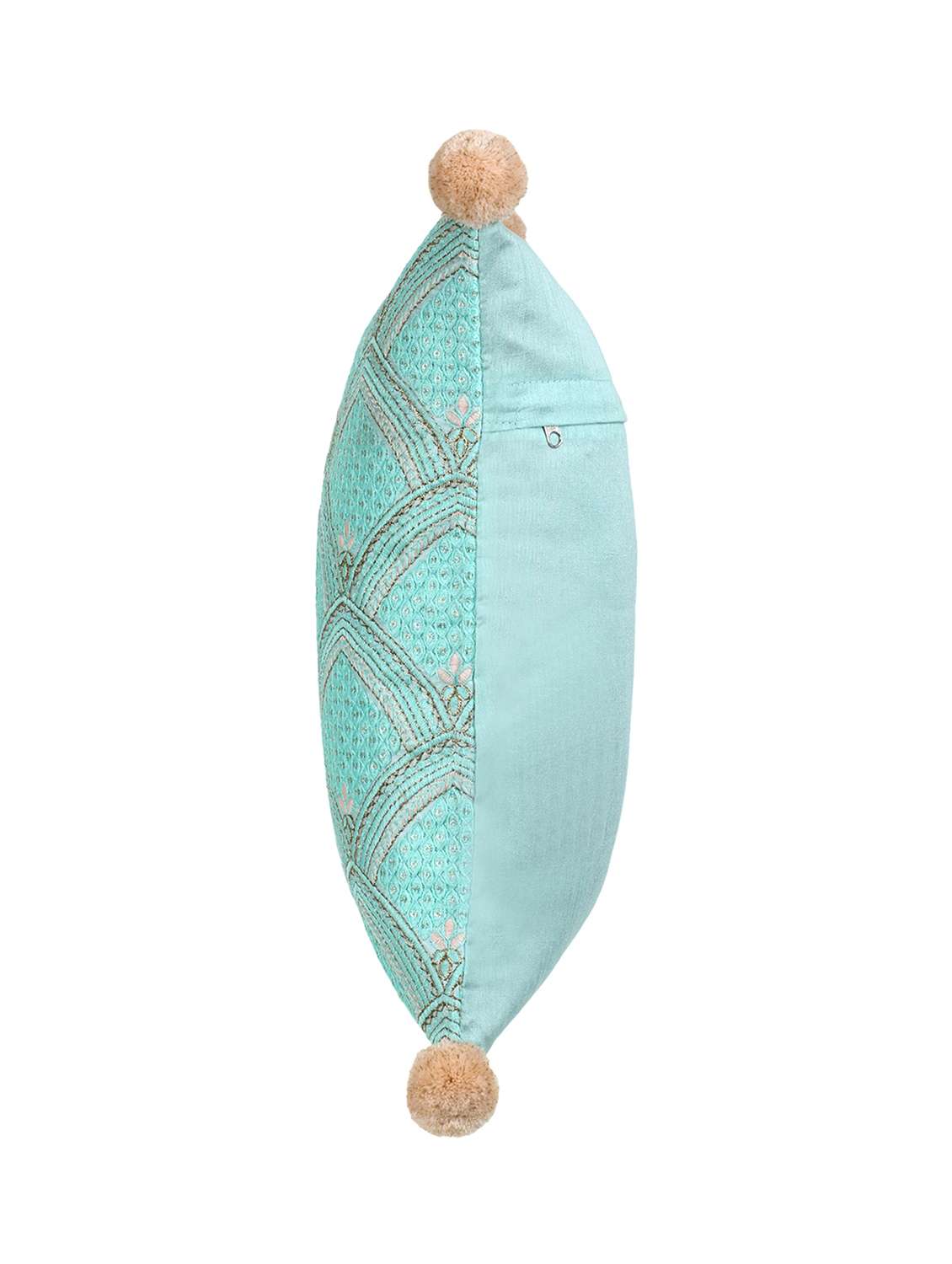 Mezposh Tribal Sea Green & Coral Ethnic Motifs Embroidered Faux Silk Cushion Cover (16"X16")