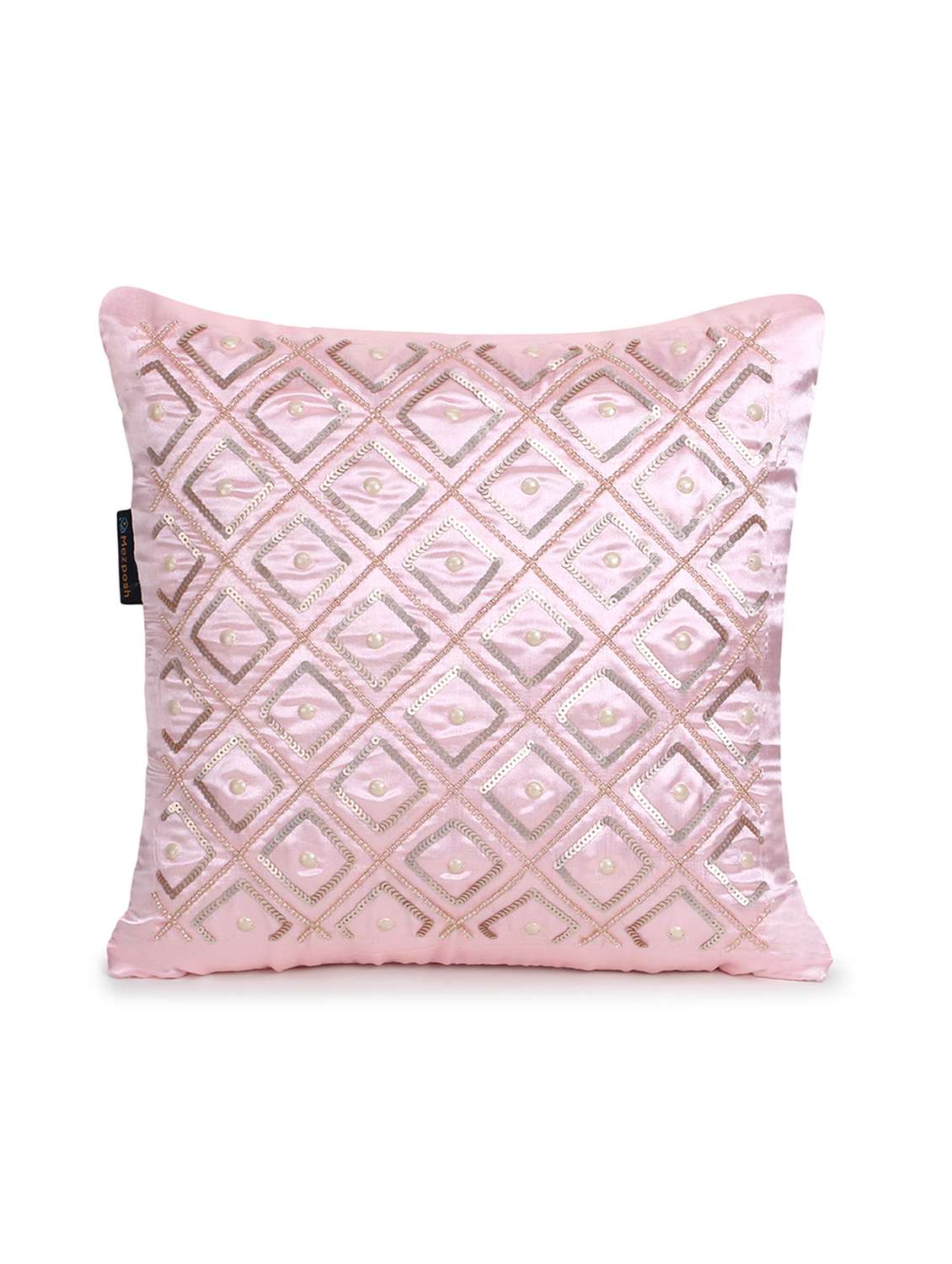 Mezposh Dazzle Baby Pink Geometric Embellished Satin Cushion Cover (14"X14")