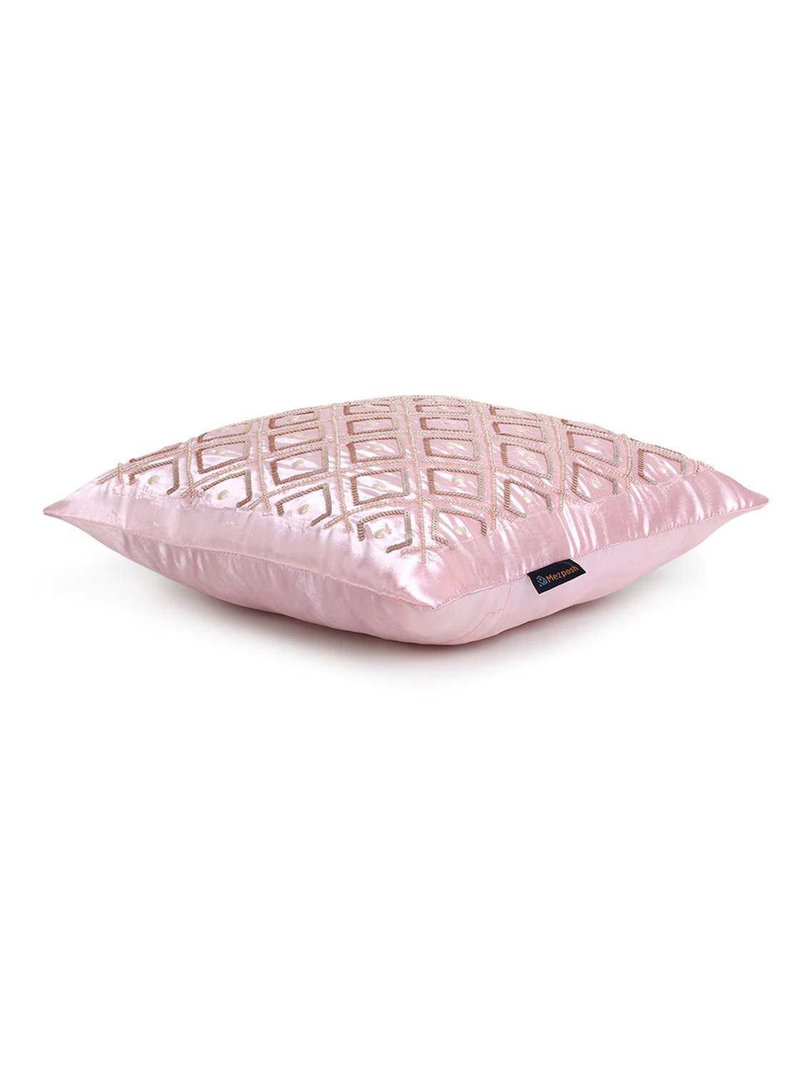 Mezposh Dazzle Baby Pink Geometric Embellished Satin Cushion Cover (14"X14")