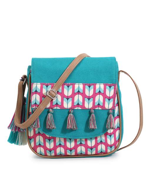 Sea Green Printed Tassel Detailed Sling Bag