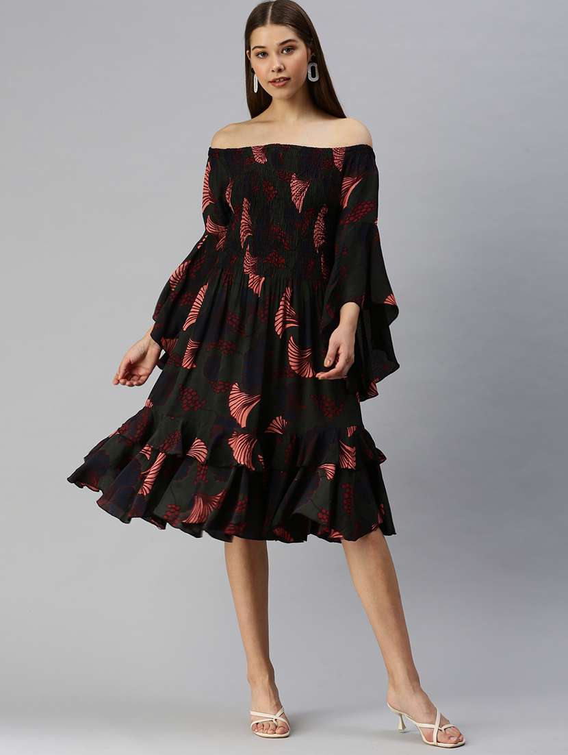 Off Shoulder Printed Fit & Flare Dress