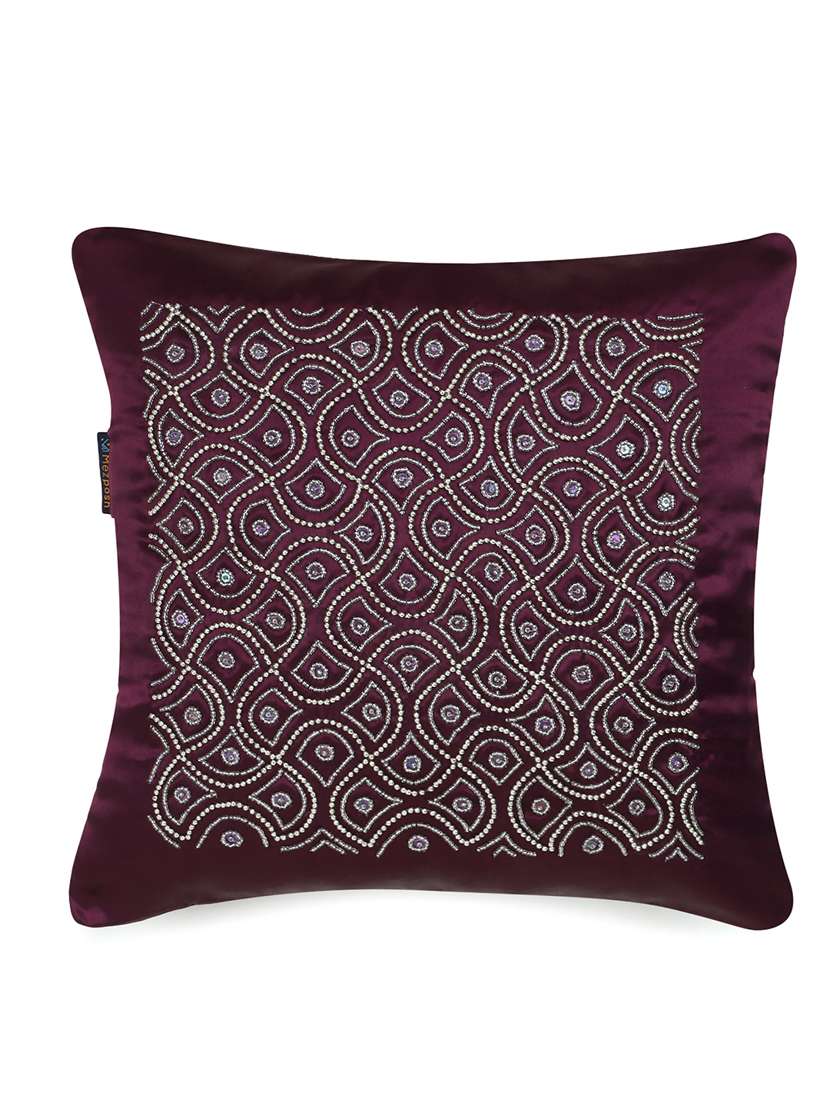 Mezposh Dazzle Purple & Silver Ogee Embellished Satin Cushion Covers (16"X16")  Set Of 2