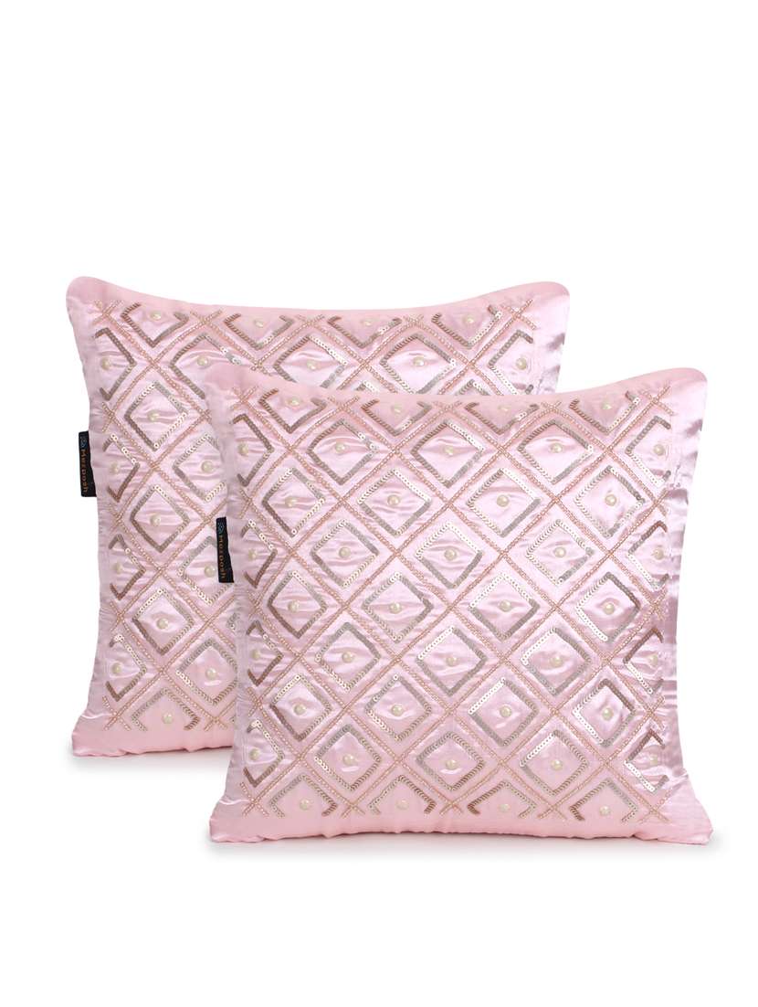 Mezposh Dazzle Baby Pink Geometric Embellished Satin Cushion Covers (14"X14")  Set Of 2