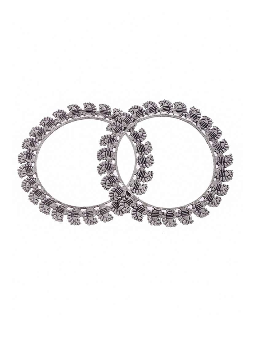 Set Of 2 Silver Toned Oxidised Bangles