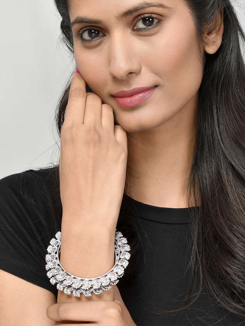 Set Of 2 Silver Toned Oxidised Bangles