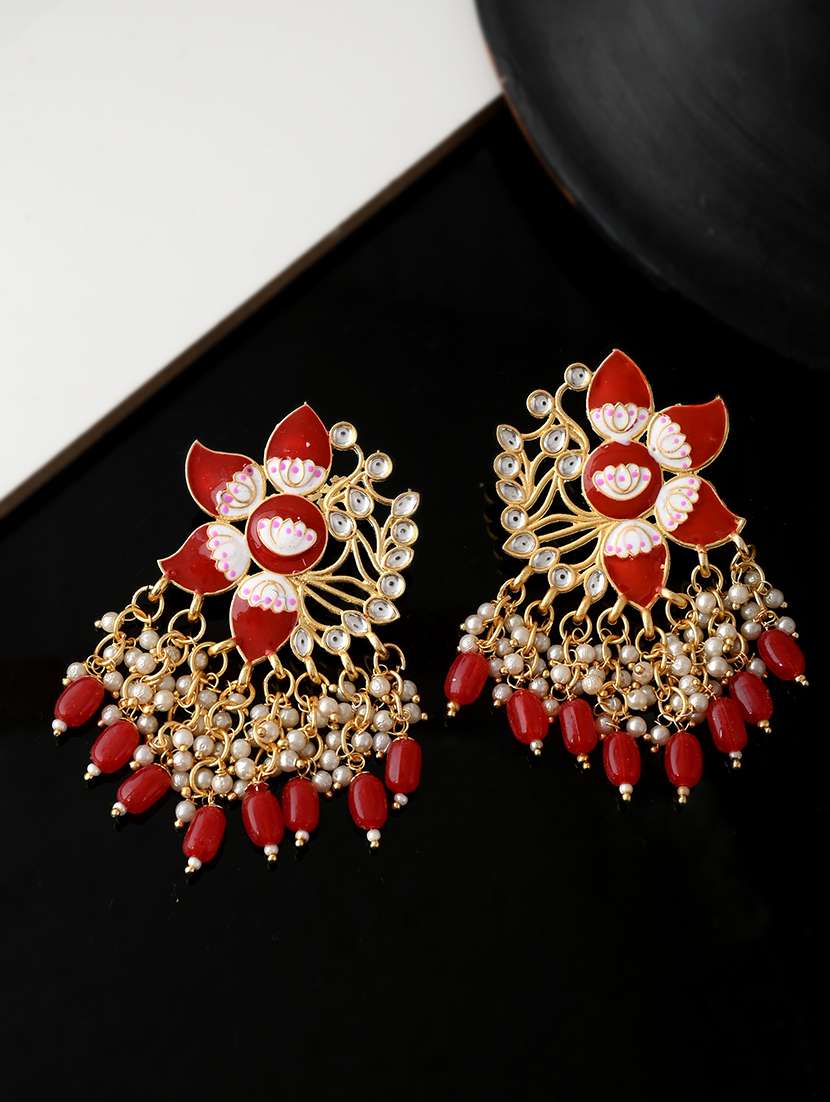 Gold Plated Red Toned Handcrafted Kundan Studded Floral Drop Earrings