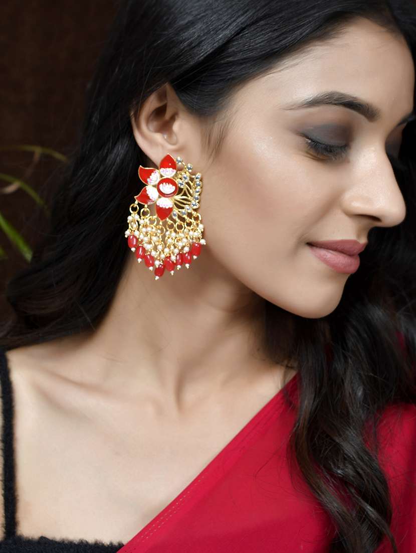 Gold Plated Red Toned Handcrafted Kundan Studded Floral Drop Earrings