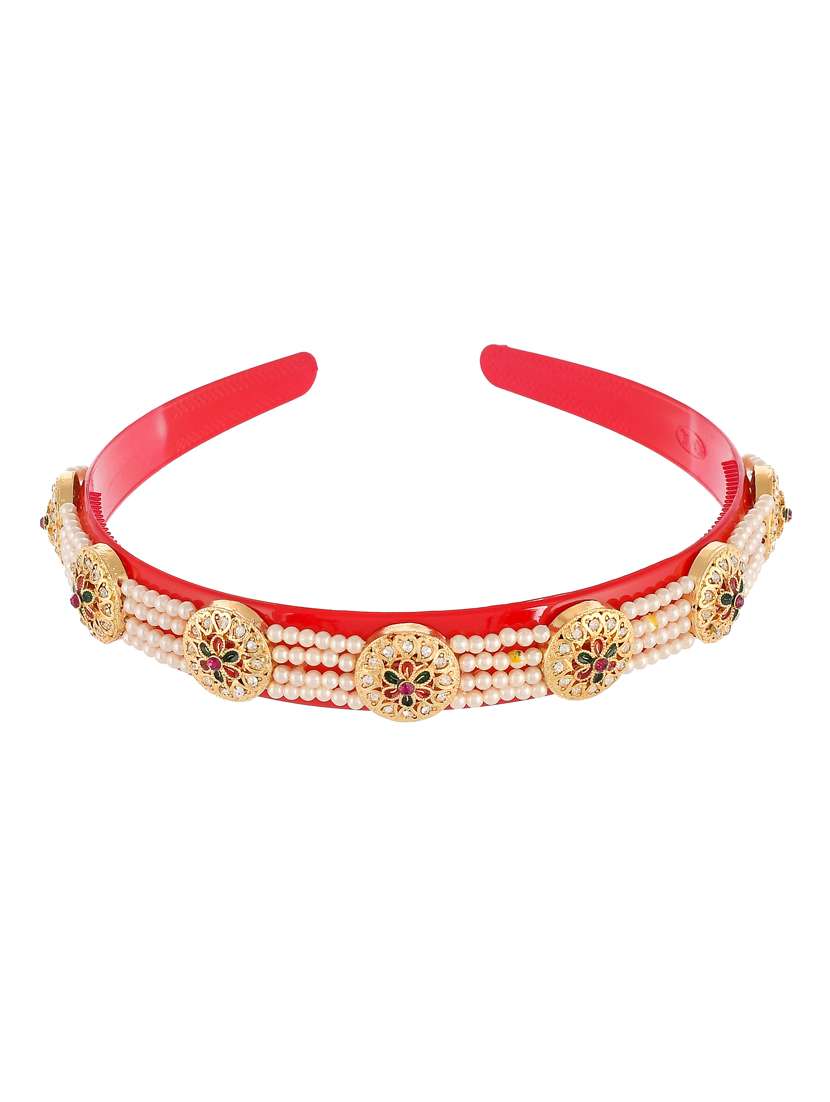 Gold Plated & Red Color Beaded Hair Band