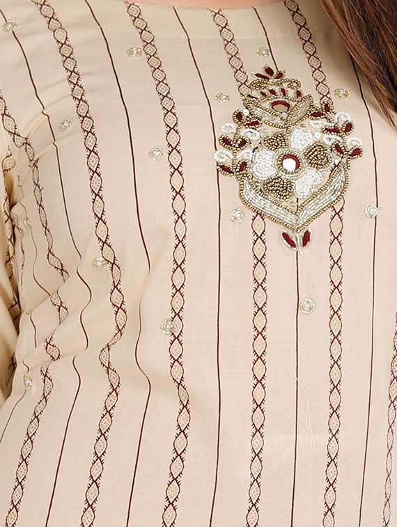Beige Embellished Straight Kurti