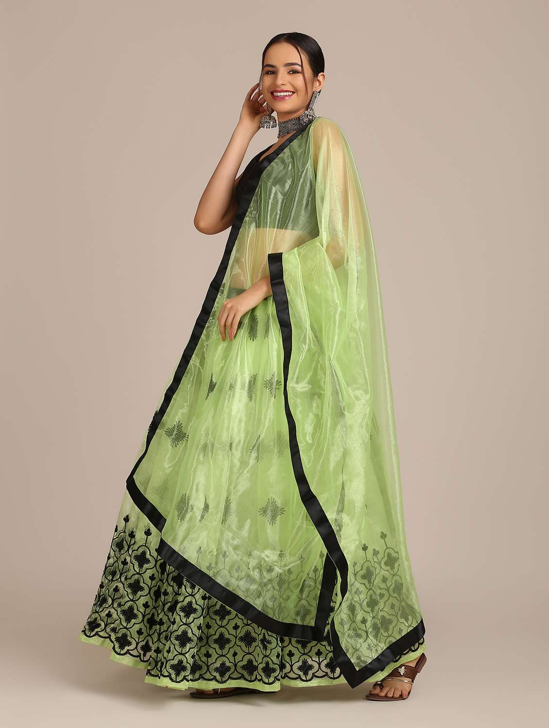 Bottle Green Net Flared Lehenga