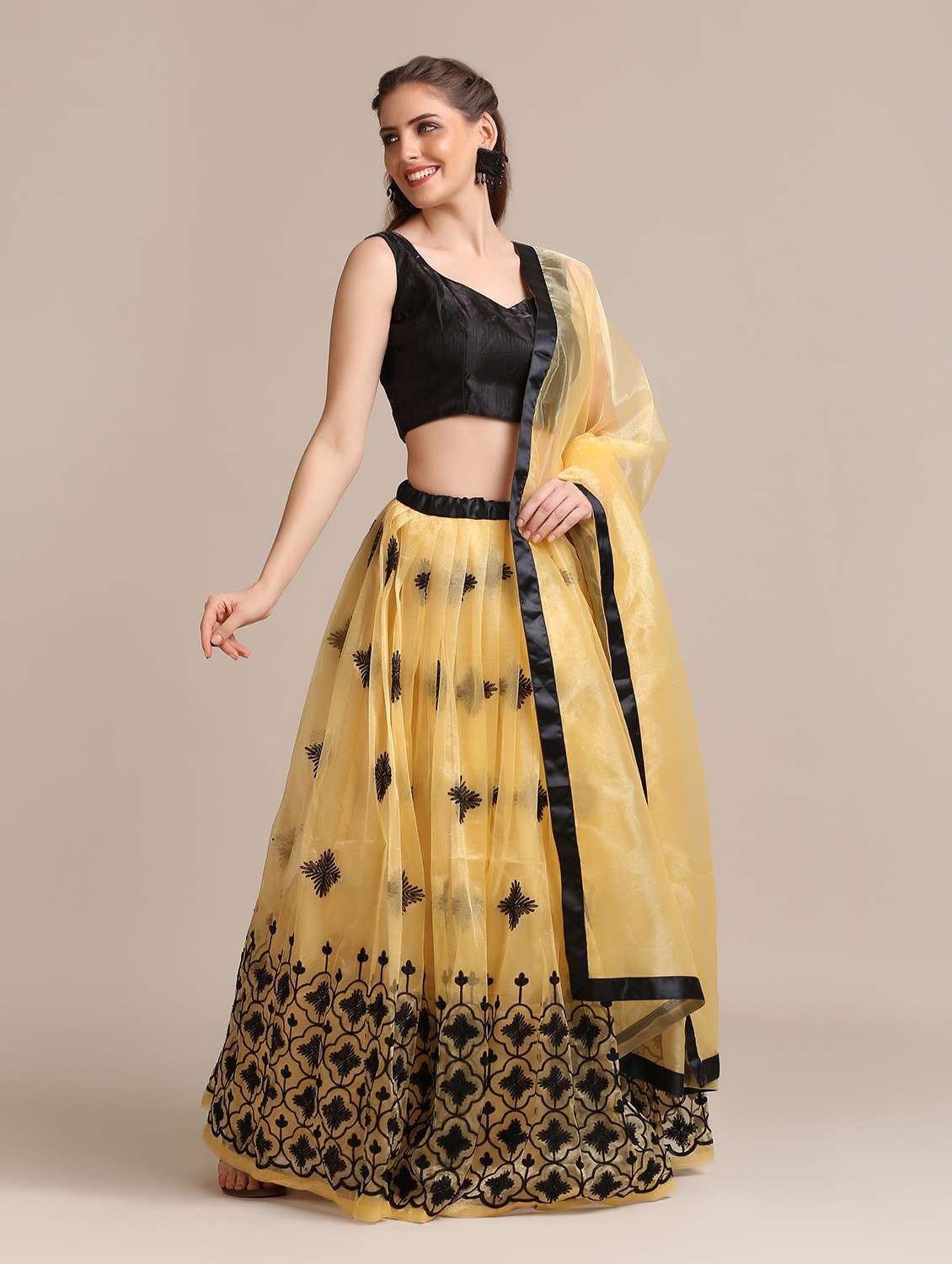 Beige Net Flared Lehenga