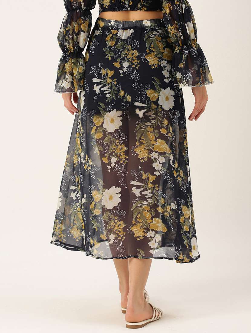 Mid Rise Floral Side Slit Skirt