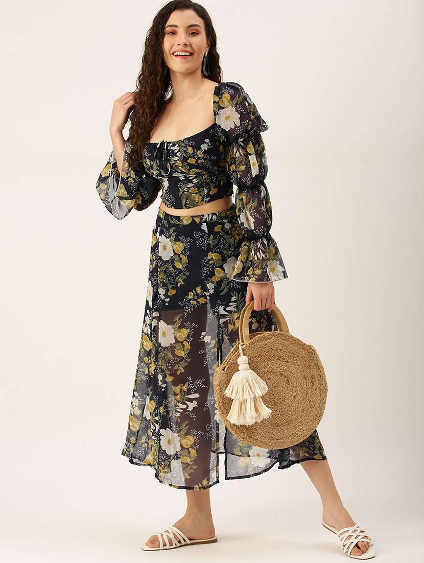 Mid Rise Floral Side Slit Skirt