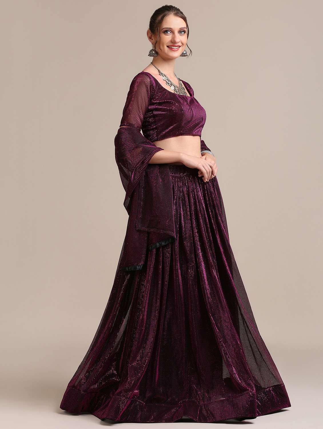 Wine Flared Semi Stitched Lehenga With Dupatta