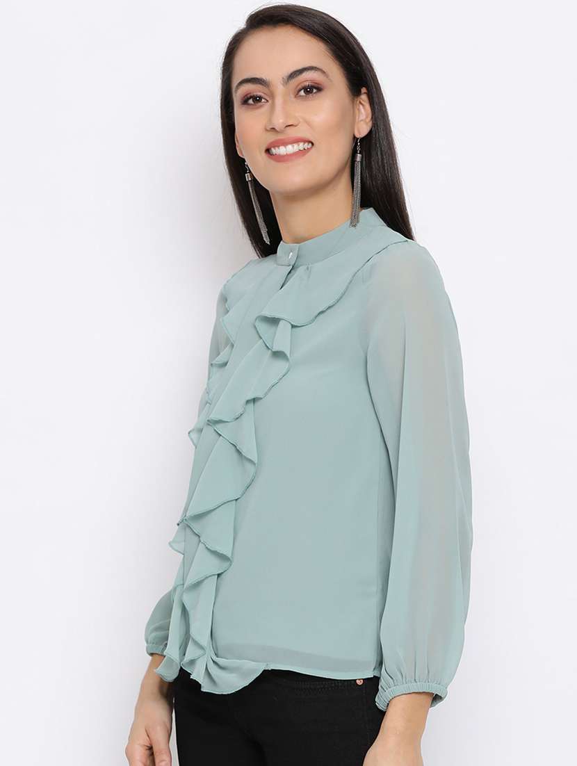 Women Sea Green Regular Fit Mandarin Neck Ruffled Top