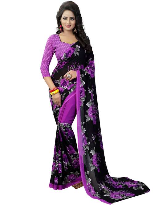 Women's Floral Black Colored Saree With Blouse
